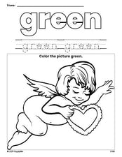 Free Valentine's Day cupid color green coloring page and color worksheet, green worksheet for preschoolers to learn colors, printable PDF