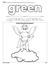 Free Valentine's Day cupid color green coloring page and color worksheet, green worksheet for preschoolers to learn colors, printable PDF