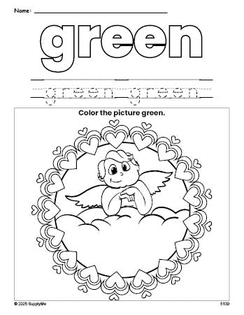 Free Valentine's Day cupid color green coloring page and color worksheet, green worksheet for preschoolers to learn colors, printable PDF