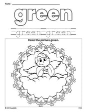 Free Valentine's Day cupid color green coloring page and color worksheet, green worksheet for preschoolers to learn colors, printable PDF