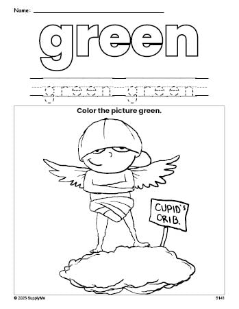 Free Valentine's Day cupid color green coloring page and color worksheet, green worksheet for preschoolers to learn colors, printable PDF