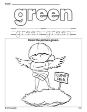 Free Valentine's Day cupid color green coloring page and color worksheet, green worksheet for preschoolers to learn colors, printable PDF