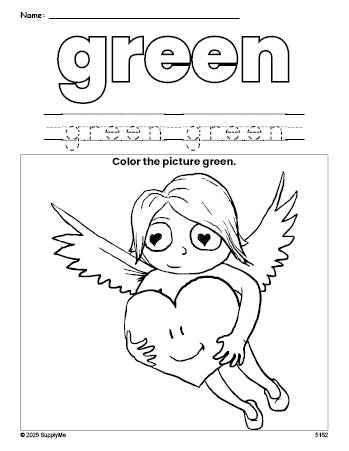 Free Valentine's Day cupid color green coloring page and color worksheet, green worksheet for preschoolers to learn colors, printable PDF