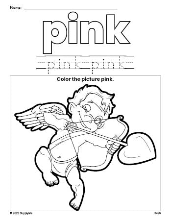 Free Valentine's Day cupid color pink coloring page and color worksheet, pink worksheet for preschoolers to learn colors, printable PDF