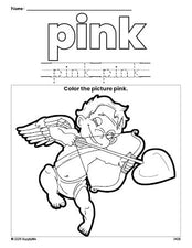 Free Valentine's Day cupid color pink coloring page and color worksheet, pink worksheet for preschoolers to learn colors, printable PDF