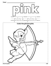 Free Valentine's Day cupid color pink coloring page and color worksheet, pink worksheet for preschoolers to learn colors, printable PDF