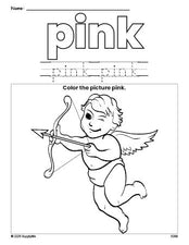 Free Valentine's Day cupid color pink coloring page and color worksheet, pink worksheet for preschoolers to learn colors, printable PDF