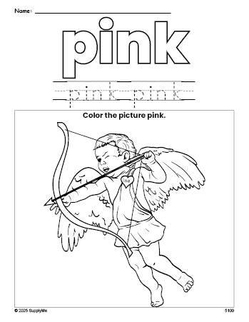 Free Valentine's Day cupid color pink coloring page and color worksheet, pink worksheet for preschoolers to learn colors, printable PDF