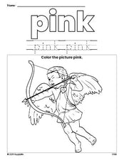 Free Valentine's Day cupid color pink coloring page and color worksheet, pink worksheet for preschoolers to learn colors, printable PDF