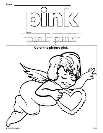 Free Valentine's Day cupid color pink coloring page and color worksheet, pink worksheet for preschoolers to learn colors, printable PDF