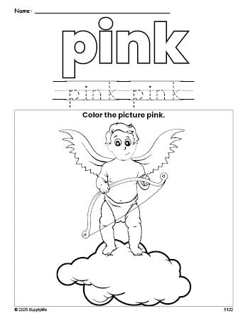 Free Valentine's Day cupid color pink coloring page and color worksheet, pink worksheet for preschoolers to learn colors, printable PDF