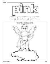 Free Valentine's Day cupid color pink coloring page and color worksheet, pink worksheet for preschoolers to learn colors, printable PDF