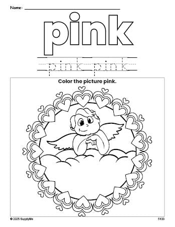 Free Valentine's Day cupid color pink coloring page and color worksheet, pink worksheet for preschoolers to learn colors, printable PDF