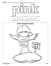 Free Valentine's Day cupid color pink coloring page and color worksheet, pink worksheet for preschoolers to learn colors, printable PDF