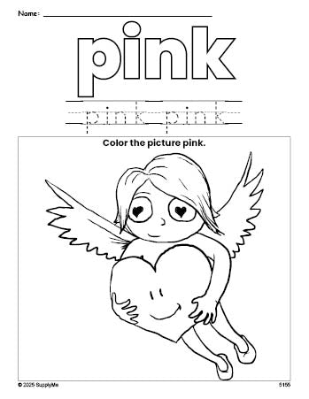 Free Valentine's Day cupid color pink coloring page and color worksheet, pink worksheet for preschoolers to learn colors, printable PDF