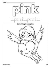 Free Valentine's Day cupid color pink coloring page and color worksheet, pink worksheet for preschoolers to learn colors, printable PDF