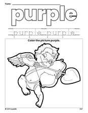 Free Valentine's Day cupid color purple coloring page and color worksheet, purple worksheet for preschoolers to learn colors, printable PDF