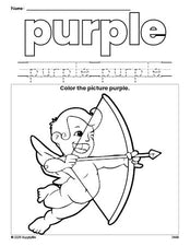 Free Valentine's Day cupid color purple coloring page and color worksheet, purple worksheet for preschoolers to learn colors, printable PDF