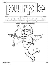 Free Valentine's Day cupid color purple coloring page and color worksheet, purple worksheet for preschoolers to learn colors, printable PDF