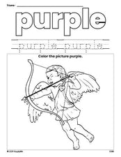 Free Valentine's Day cupid color purple coloring page and color worksheet, purple worksheet for preschoolers to learn colors, printable PDF