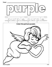 Free Valentine's Day cupid color purple coloring page and color worksheet, purple worksheet for preschoolers to learn colors, printable PDF