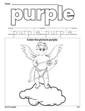 Free Valentine's Day cupid color purple coloring page and color worksheet, purple worksheet for preschoolers to learn colors, printable PDF