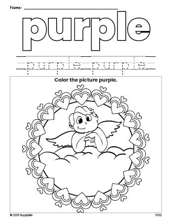 Free Valentine's Day cupid color purple coloring page and color worksheet, purple worksheet for preschoolers to learn colors, printable PDF