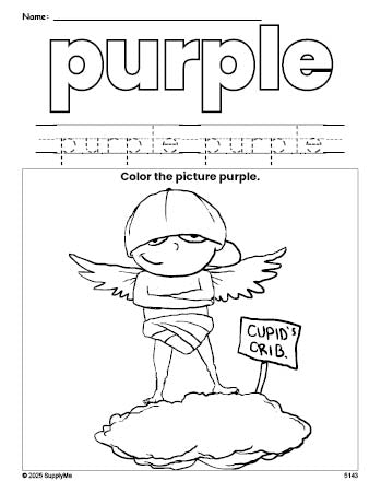 Free Valentine's Day cupid color purple coloring page and color worksheet, purple worksheet for preschoolers to learn colors, printable PDF