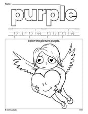 Free Valentine's Day cupid color purple coloring page and color worksheet, purple worksheet for preschoolers to learn colors, printable PDF