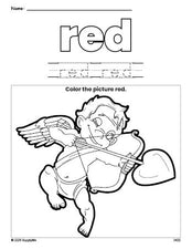 Free Valentine's Day cupid color red coloring page and color worksheet, red worksheet for preschoolers to learn colors, printable PDF