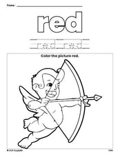 Free Valentine's Day cupid color red coloring page and color worksheet, red worksheet for preschoolers to learn colors, printable PDF