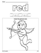 Free Valentine's Day cupid color red coloring page and color worksheet, red worksheet for preschoolers to learn colors, printable PDF