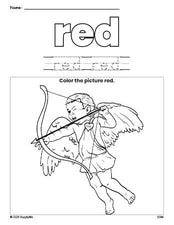 Free Valentine's Day cupid color red coloring page and color worksheet, red worksheet for preschoolers to learn colors, printable PDF