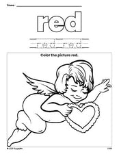 Free Valentine's Day cupid color red coloring page and color worksheet, red worksheet for preschoolers to learn colors, printable PDF