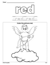 Free Valentine's Day cupid color red coloring page and color worksheet, red worksheet for preschoolers to learn colors, printable PDF