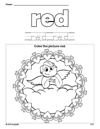 Free Valentine's Day cupid color red coloring page and color worksheet, red worksheet for preschoolers to learn colors, printable PDF