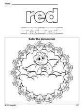 Free Valentine's Day cupid color red coloring page and color worksheet, red worksheet for preschoolers to learn colors, printable PDF