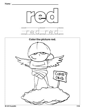 Free Valentine's Day cupid color red coloring page and color worksheet, red worksheet for preschoolers to learn colors, printable PDF