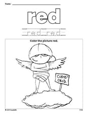 Free Valentine's Day cupid color red coloring page and color worksheet, red worksheet for preschoolers to learn colors, printable PDF