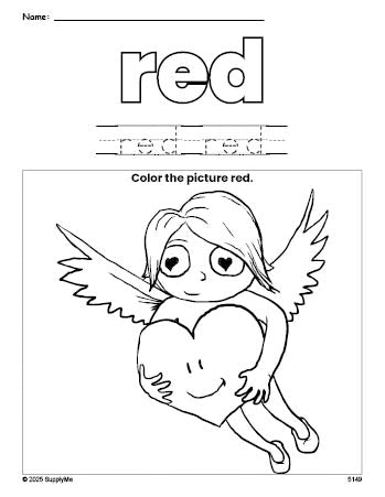 Free Valentine's Day cupid color red coloring page and color worksheet, red worksheet for preschoolers to learn colors, printable PDF