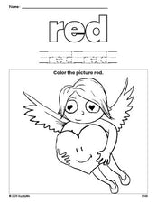 Free Valentine's Day cupid color red coloring page and color worksheet, red worksheet for preschoolers to learn colors, printable PDF