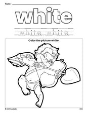 Free Valentine's Day cupid color white coloring page and color worksheet, white worksheet for preschoolers to learn colors, printable PDF