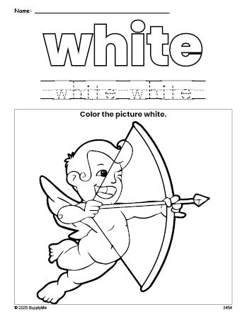 Free Valentine's Day cupid color white coloring page and color worksheet, white worksheet for preschoolers to learn colors, printable PDF