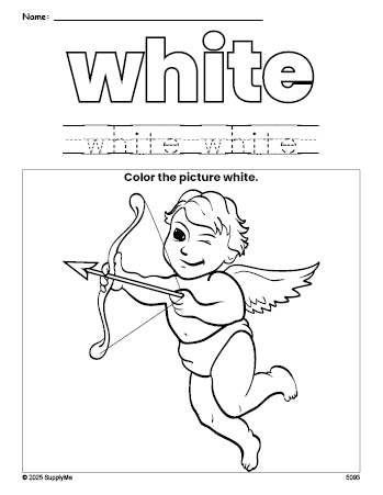 Free Valentine's Day cupid color white coloring page and color worksheet, white worksheet for preschoolers to learn colors, printable PDF