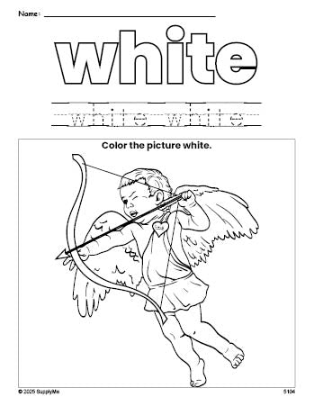 Free Valentine's Day cupid color white coloring page and color worksheet, white worksheet for preschoolers to learn colors, printable PDF