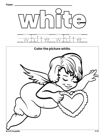 Free Valentine's Day cupid color white coloring page and color worksheet, white worksheet for preschoolers to learn colors, printable PDF