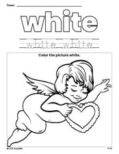 Free Valentine's Day cupid color white coloring page and color worksheet, white worksheet for preschoolers to learn colors, printable PDF