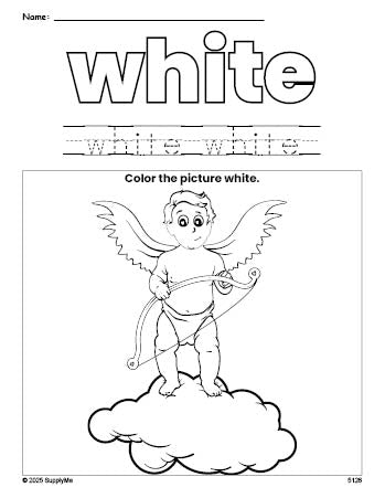 Free Valentine's Day cupid color white coloring page and color worksheet, white worksheet for preschoolers to learn colors, printable PDF