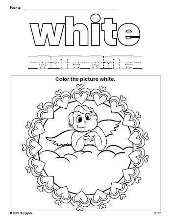 Free Valentine's Day cupid color white coloring page and color worksheet, white worksheet for preschoolers to learn colors, printable PDF