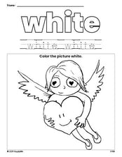 Free Valentine's Day cupid color white coloring page and color worksheet, white worksheet for preschoolers to learn colors, printable PDF